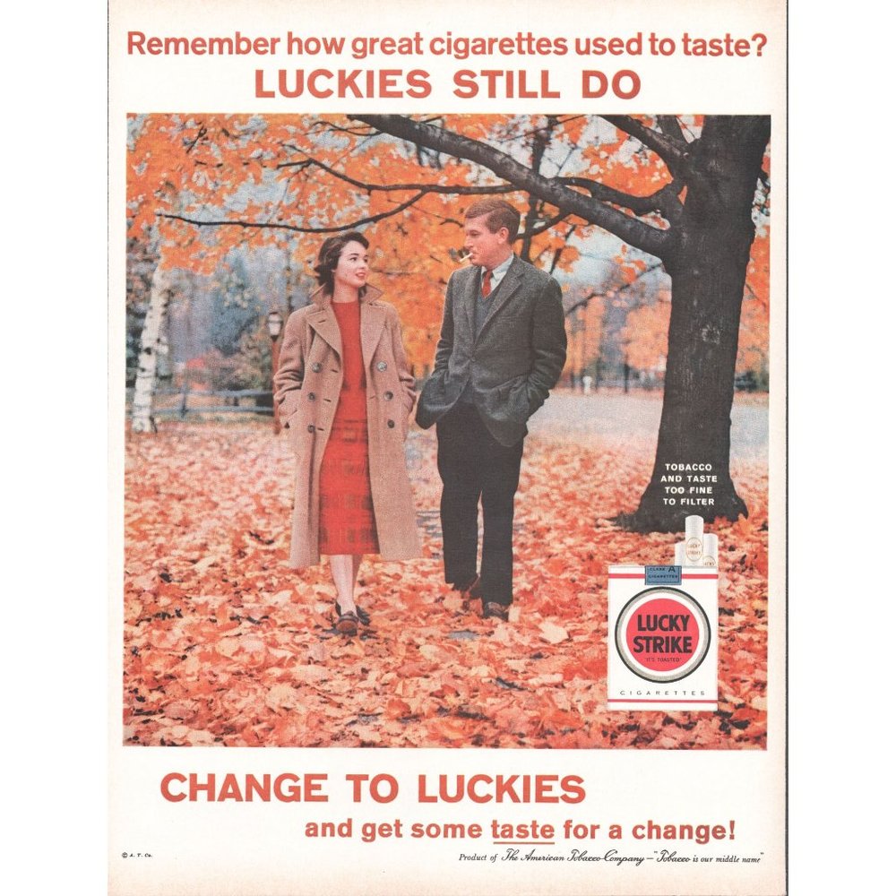 1960 Lucky Strike Cigarettes Vintage Print Ad Couple Walk in Park Fall Leaves